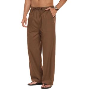 imageCOOFANDY Mens Linen Pant Elastic Waist Linen Pants Drawstring Summer Beach PantA Brown