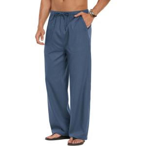 imageCOOFANDY Mens Linen Pant Elastic Waist Linen Pants Drawstring Summer Beach PantA Denim Blue