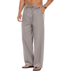 imageCOOFANDY Mens Linen Pant Elastic Waist Linen Pants Drawstring Summer Beach PantA Grey