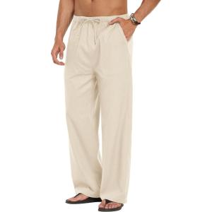 imageCOOFANDY Mens Linen Pant Elastic Waist Linen Pants Drawstring Summer Beach PantA Light Khaki
