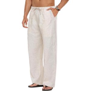 imageCOOFANDY Mens Linen Pant Elastic Waist Linen Pants Drawstring Summer Beach PantA Linen Khaki