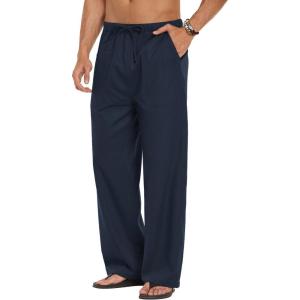 imageCOOFANDY Mens Linen Pant Elastic Waist Linen Pants Drawstring Summer Beach PantA Navy Blue
