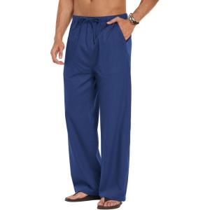 imageCOOFANDY Mens Linen Pant Elastic Waist Linen Pants Drawstring Summer Beach PantA Royal Blue