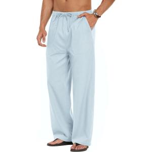 imageCOOFANDY Mens Linen Pant Elastic Waist Linen Pants Drawstring Summer Beach PantA Sky Blue