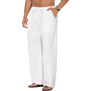 imageCOOFANDY Mens Linen Pant Elastic Waist Linen Pants Drawstring Summer Beach PantA White