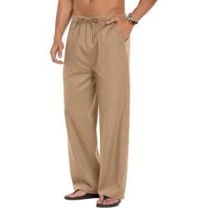 imageCOOFANDY Mens Linen Pant Elastic Waist Linen Pants Drawstring Summer Beach PantB Dark Khaki