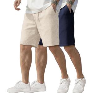imageCOOFANDY Mens Linen Shorts Casual Elastic Waist Drawstring Short Summer Beach Vacation ShortsLinen KhakiNavy Blue