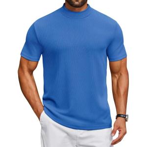 imageCOOFANDY Mens Mock Turtleneck Shirts Short Sleeve Casual Basic TShirts Ribbed Solid Pullover TopsBlue