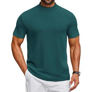 imageCOOFANDY Mens Mock Turtleneck Shirts Short Sleeve Casual Basic TShirts Ribbed Solid Pullover TopsLake Green