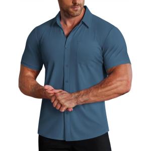 imageCOOFANDY Mens Muscle Fit Dress Shirts Stretch WrinkleFree Short Sleeve Casual Button Down ShirtsDark Blue