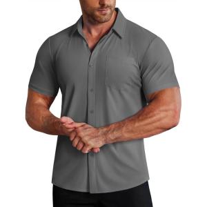 imageCOOFANDY Mens Muscle Fit Dress Shirts Stretch WrinkleFree Short Sleeve Casual Button Down ShirtsDark Grey