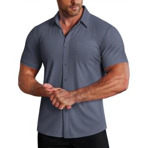 imageCOOFANDY Mens Muscle Fit Dress Shirts Stretch WrinkleFree Short Sleeve Casual Button Down ShirtsDeep Blue Sea