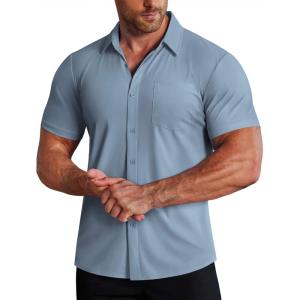 imageCOOFANDY Mens Muscle Fit Dress Shirts Stretch WrinkleFree Short Sleeve Casual Button Down ShirtsHaze Blue