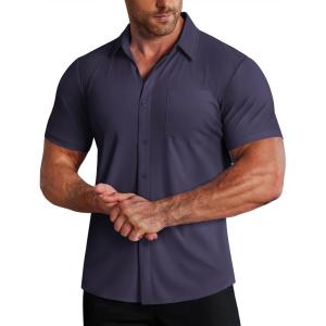 imageCOOFANDY Mens Muscle Fit Dress Shirts Stretch WrinkleFree Short Sleeve Casual Button Down ShirtsIndigo