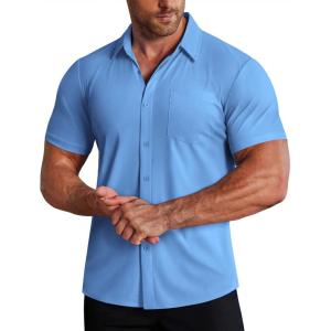 imageCOOFANDY Mens Muscle Fit Dress Shirts Stretch WrinkleFree Short Sleeve Casual Button Down ShirtsLight Blue