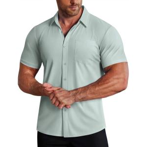 imageCOOFANDY Mens Muscle Fit Dress Shirts Stretch WrinkleFree Short Sleeve Casual Button Down ShirtsLight Green