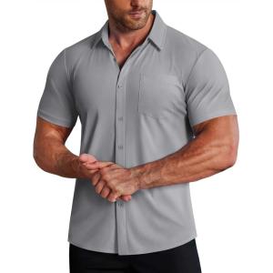 imageCOOFANDY Mens Muscle Fit Dress Shirts Stretch WrinkleFree Short Sleeve Casual Button Down ShirtsLight Grey