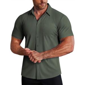 imageCOOFANDY Mens Muscle Fit Dress Shirts Stretch WrinkleFree Short Sleeve Casual Button Down ShirtsOlive Green