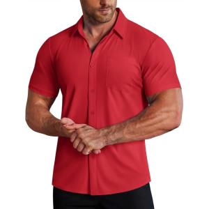 imageCOOFANDY Mens Muscle Fit Dress Shirts Stretch WrinkleFree Short Sleeve Casual Button Down ShirtsRed