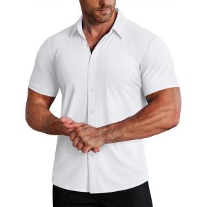 imageCOOFANDY Mens Muscle Fit Dress Shirts Stretch WrinkleFree Short Sleeve Casual Button Down ShirtsWhite