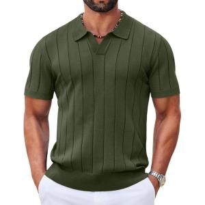 imageCOOFANDY Mens Polo Shirts Short Sleeve V Neck Knit Shirts for Men Casual Old Money Clothes Mens Golf ShirtArmy Green