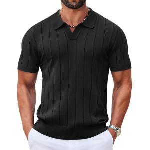 imageCOOFANDY Mens Polo Shirts Short Sleeve V Neck Knit Shirts for Men Casual Old Money Clothes Mens Golf ShirtBlack