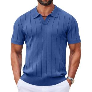 imageCOOFANDY Mens Polo Shirts Short Sleeve V Neck Knit Shirts for Men Casual Old Money Clothes Mens Golf ShirtBlue