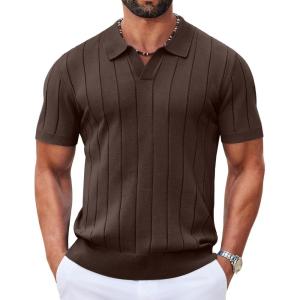 imageCOOFANDY Mens Polo Shirts Short Sleeve V Neck Knit Shirts for Men Casual Old Money Clothes Mens Golf ShirtBrown