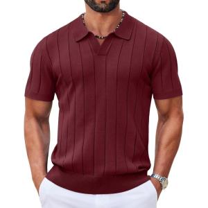 imageCOOFANDY Mens Polo Shirts Short Sleeve V Neck Knit Shirts for Men Casual Old Money Clothes Mens Golf ShirtDark Red
