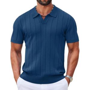 imageCOOFANDY Mens Polo Shirts Short Sleeve V Neck Knit Shirts for Men Casual Old Money Clothes Mens Golf ShirtLake Blue