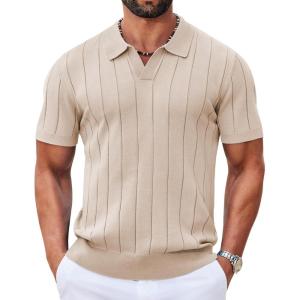 imageCOOFANDY Mens Polo Shirts Short Sleeve V Neck Knit Shirts for Men Casual Old Money Clothes Mens Golf ShirtLight Khaki