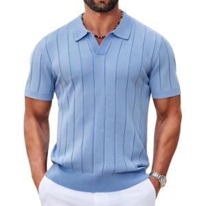 imageCOOFANDY Mens Polo Shirts Short Sleeve V Neck Knit Shirts for Men Casual Old Money Clothes Mens Golf ShirtLigjht Blue