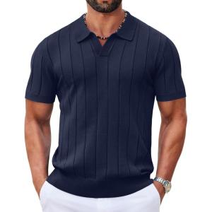 imageCOOFANDY Mens Polo Shirts Short Sleeve V Neck Knit Shirts for Men Casual Old Money Clothes Mens Golf ShirtNavy Blue