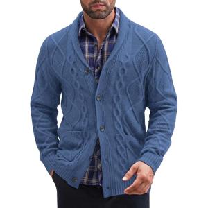 imageCOOFANDY Mens Shawl Collar Cardigan Sweater Slim Fit Button Down Cable Knitted Sweater with PocketsDenim Blue