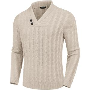 imageCOOFANDY Mens Shawl Collar Pullover Sweater Slim Fit Casual Button Cable Knit SweatersBeige