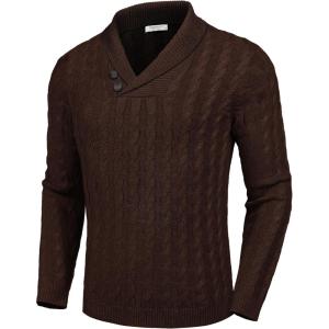 imageCOOFANDY Mens Shawl Collar Pullover Sweater Slim Fit Casual Button Cable Knit SweatersBrown