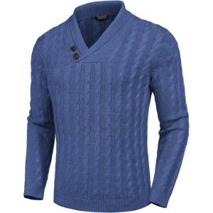 imageCOOFANDY Mens Shawl Collar Pullover Sweater Slim Fit Casual Button Cable Knit SweatersGray Blue