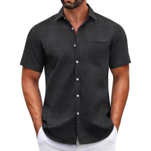 imageCOOFANDY Mens Short Sleeve Casual Button Down Shirts Summer Untucked Dress Shirts with PocketBlack Plaid Pattern
