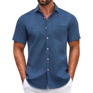 imageCOOFANDY Mens Short Sleeve Casual Button Down Shirts Summer Untucked Dress Shirts with PocketBlue Plaid Pattern