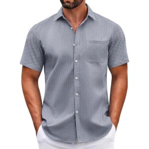 imageCOOFANDY Mens Short Sleeve Casual Button Down Shirts Summer Untucked Dress Shirts with PocketGrey Wihte Square