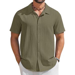 imageCOOFANDY Mens Short Sleeve Casual Button Down Shirts Textured Summer Beach ShirtArmy Green