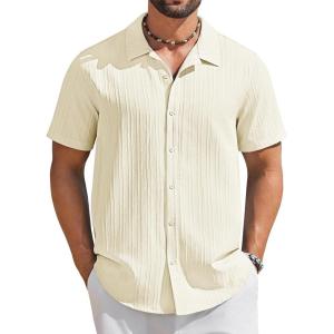 imageCOOFANDY Mens Short Sleeve Casual Button Down Shirts Textured Summer Beach ShirtBeige