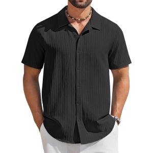 imageCOOFANDY Mens Short Sleeve Casual Button Down Shirts Textured Summer Beach ShirtBlack