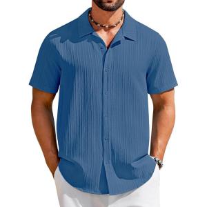 imageCOOFANDY Mens Short Sleeve Casual Button Down Shirts Textured Summer Beach ShirtDark Blue