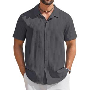 imageCOOFANDY Mens Short Sleeve Casual Button Down Shirts Textured Summer Beach ShirtDark Grey