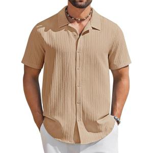 imageCOOFANDY Mens Short Sleeve Casual Button Down Shirts Textured Summer Beach ShirtKhaki