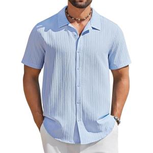 imageCOOFANDY Mens Short Sleeve Casual Button Down Shirts Textured Summer Beach ShirtLight Blue