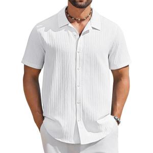 imageCOOFANDY Mens Short Sleeve Casual Button Down Shirts Textured Summer Beach ShirtWhite