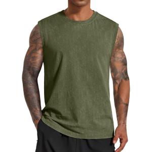 imageCOOFANDY Mens Sleeveless Shirts Cotton Workout Tank Tops Casual Muscle Washed T Shirt Summer Beach Tee Loose FitArmy Green