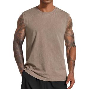 imageCOOFANDY Mens Sleeveless Shirts Cotton Workout Tank Tops Casual Muscle Washed T Shirt Summer Beach Tee Loose FitKhaki